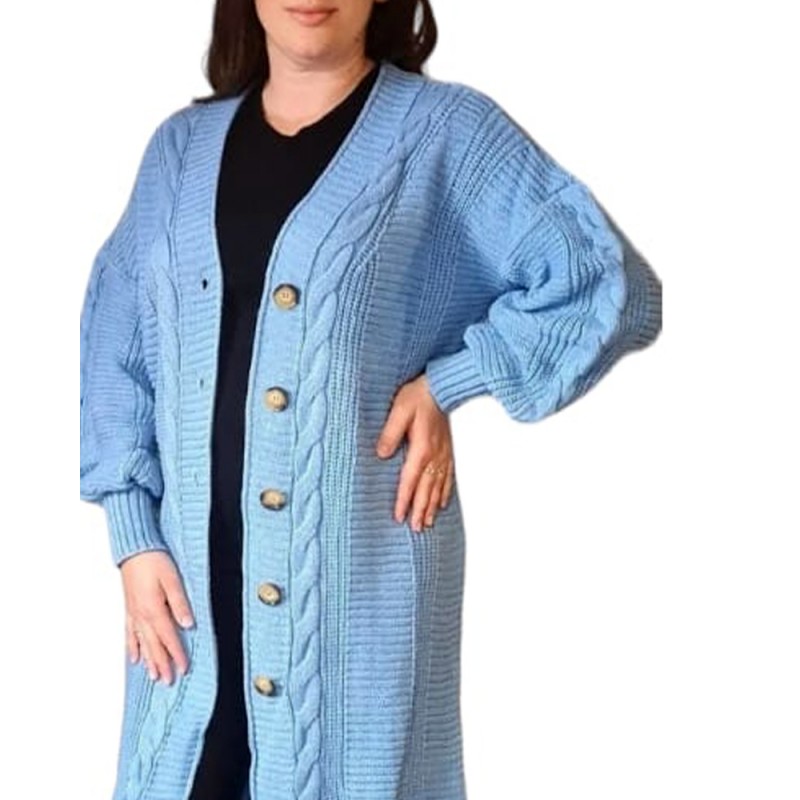Jacheta Arabela, tip Cardigan tricotat pentru femei, culoare albastru, oversize, marime mare, inchidere cu nasturi Livrare Gr...