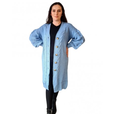 Jacheta Arabela, tip Cardigan tricotat pentru femei, culoare albastru, oversize, marime mare, inchidere cu nasturi Livrare Gr...