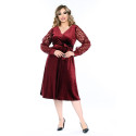 Rochie eleganta Melisa, din catifea, cu maneca de dantela, culoare bordo, cu decolteul petrecut