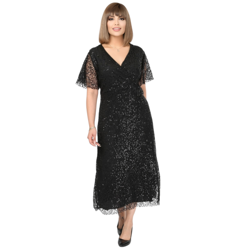 Rochie lunga de ocazie, Dania, culoare negru, din dantela accesorizata cu paiete Livrare Gratuita 24-48 de ore si Cadou la or...
