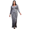 Rochie lunga Party, pentru ocazii, din paiete, model elegant, culoare argintiu