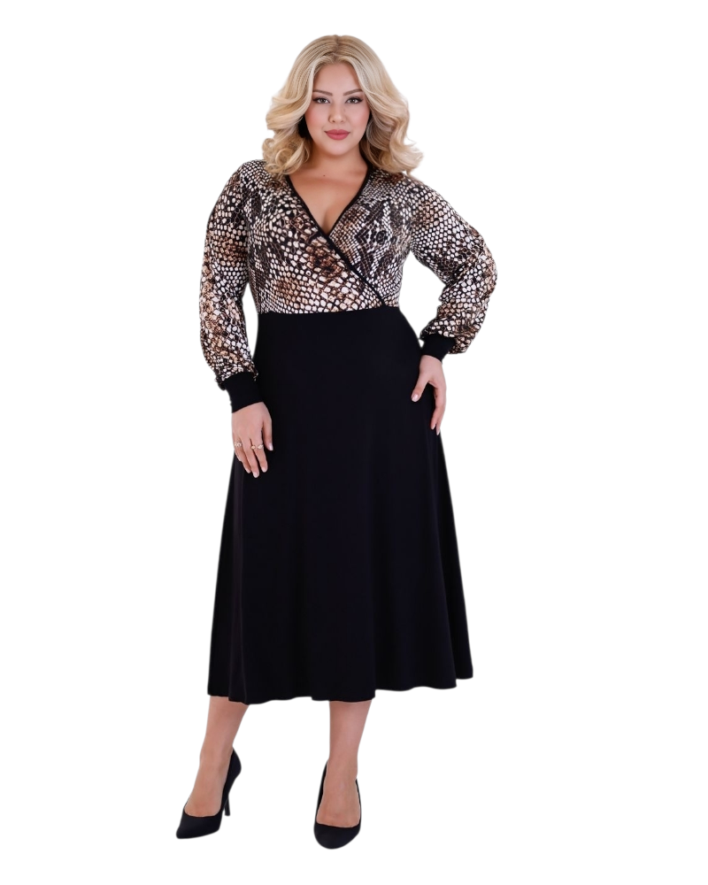 Rochie elegantă midi cu imprimeu animal print și decolteu petrecut%separator%%shop-name%%separator%%category%