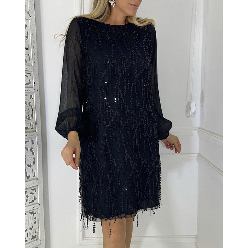 Rochie eleganta Almona, pentru evenimente, culoare negru, cu maneca lunga transparenta