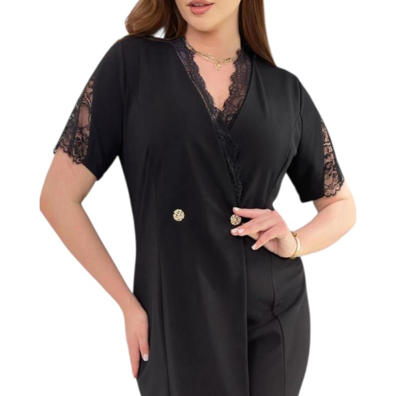 Rochie neagră elegantă tip sacou cu dantelă și nasturi aurii | TopHaine.ro