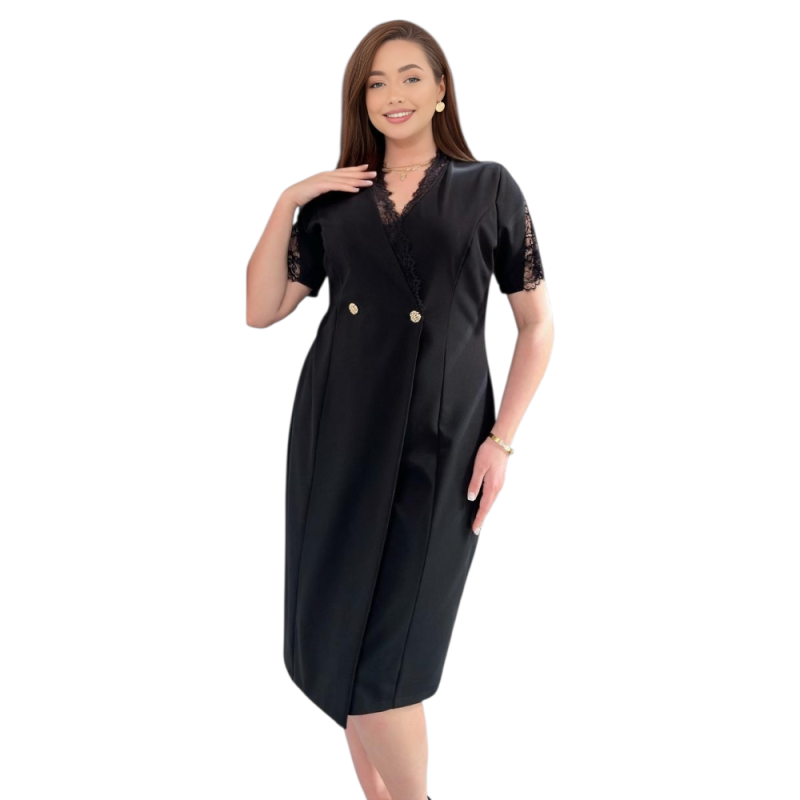 Rochie neagră elegantă tip sacou cu dantelă și nasturi aurii | TopHaine.ro