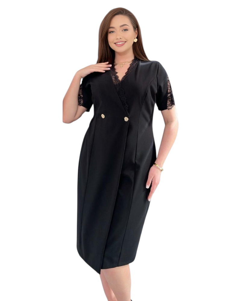Rochie neagră elegantă tip sacou cu dantelă și nasturi aurii | TopHaine.ro
