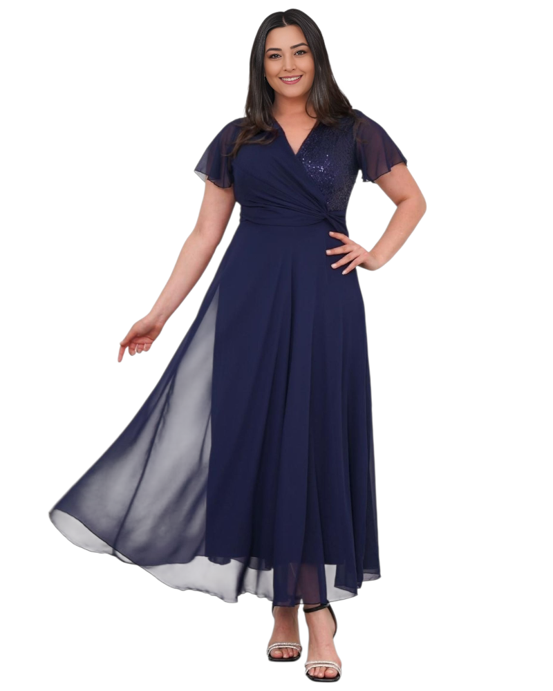 Rochie Ocazie, Raisa, culoare bleumarin, Bust Paietat și Fustă din Voal Vaporos