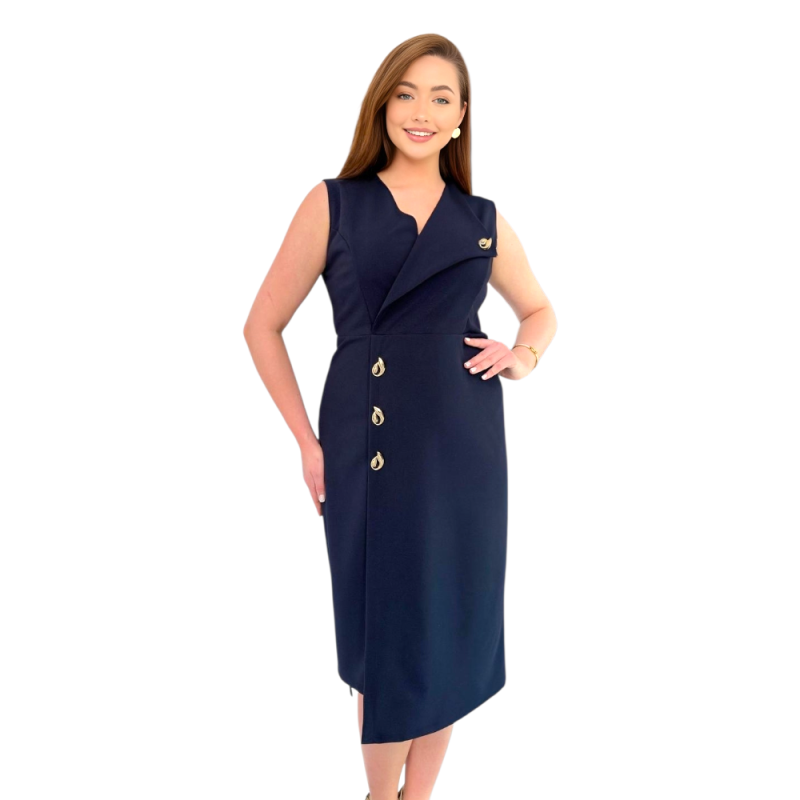 Rochie Nicole, bleumarin, elegantă tip sacou cu Detalii Aurii și Croială Cambrată / TopHaine