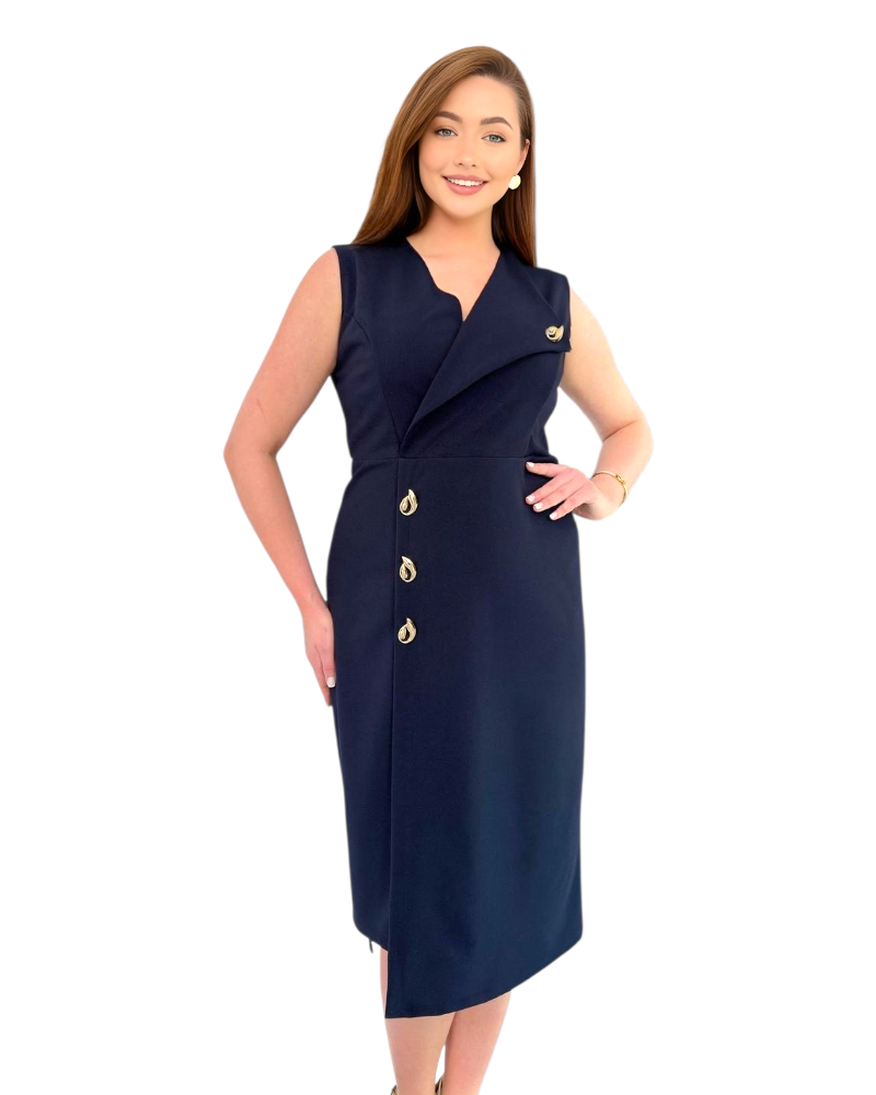 Rochie Nicole, bleumarin, elegantă tip sacou cu Detalii Aurii și Croială Cambrată / TopHaine