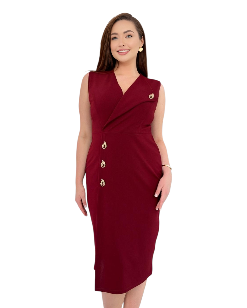Rochie Nicole, bordo, elegantă tip sacou cu Detalii Aurii și Croială Cambrată / TopHaine