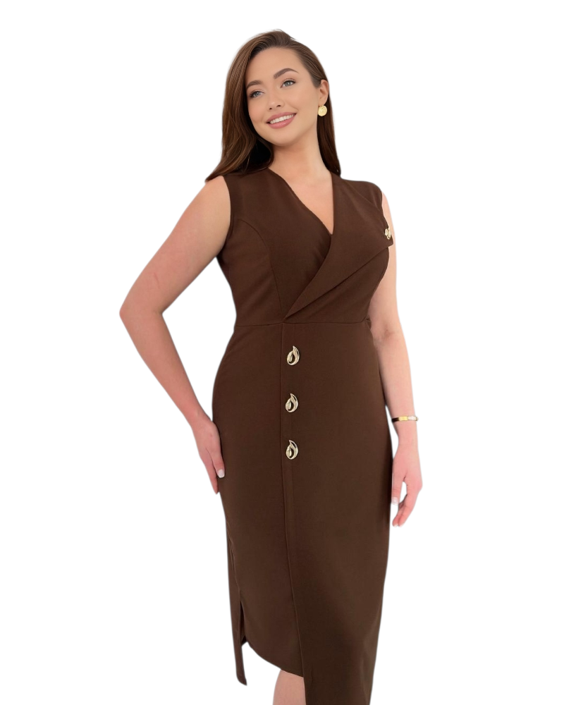 Rochie Nicole, ciocolatiu, elegantă tip sacou cu Detalii Aurii și Croială Cambrată / TopHaine.
