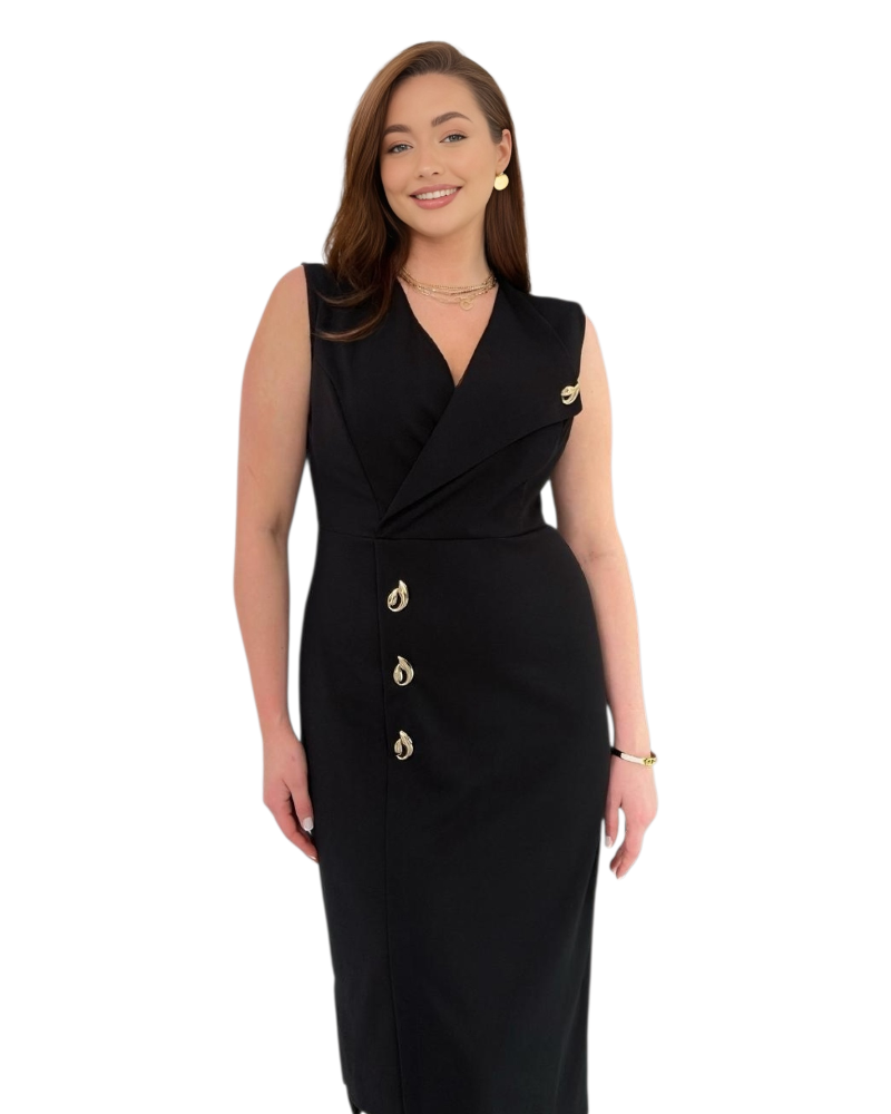 Rochie Nicole, negru, elegantă tip sacou cu Detalii Aurii și Croială Cambrată / TopHaine.