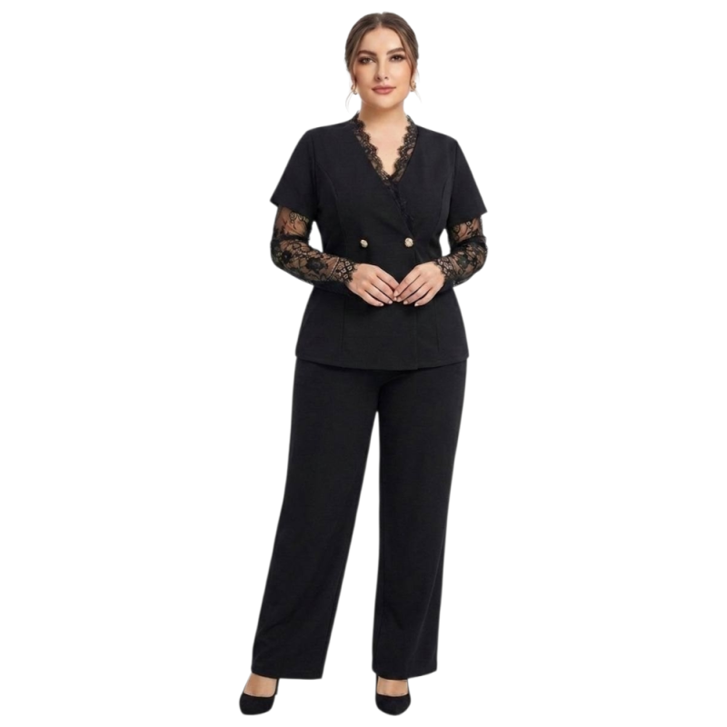 Compleu dama, Florina, negru, elegant, cu dantelă și nasturi aurii