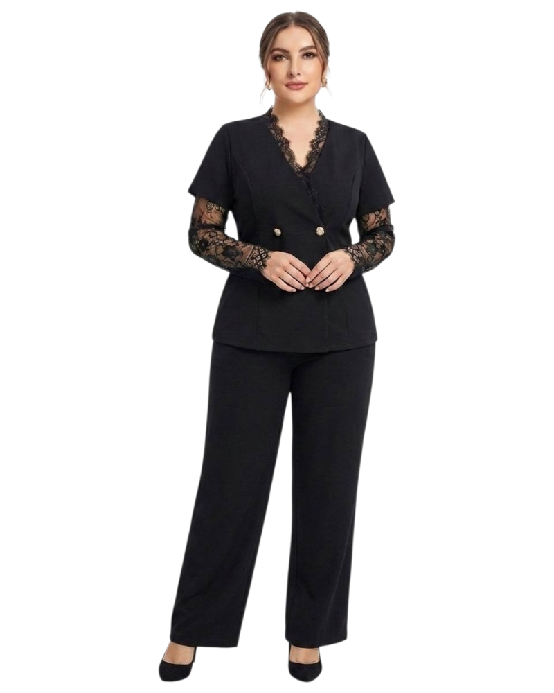 Compleu dama, Florina, negru, elegant, cu dantelă și nasturi aurii