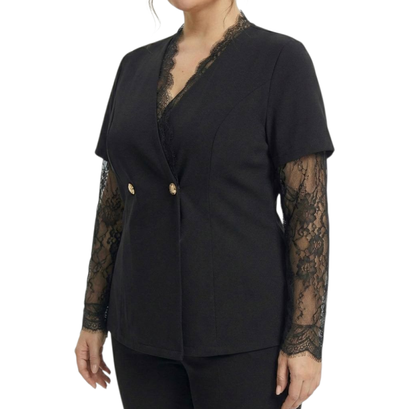 Compleu dama, Florina, negru, elegant, cu dantelă și nasturi aurii