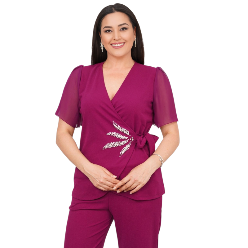 Compleu Elegant, Camelia, Fucsia – Pantalon și Bluză cu Detalii Prețioase