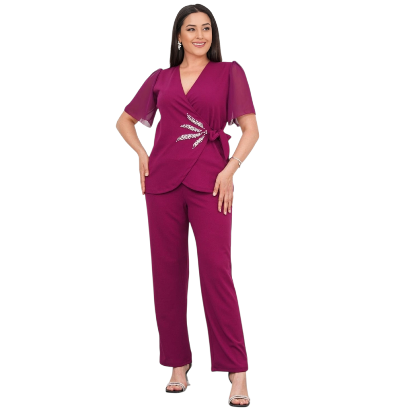 Compleu Elegant, Camelia, Fucsia – Pantalon și Bluză cu Detalii Prețioase