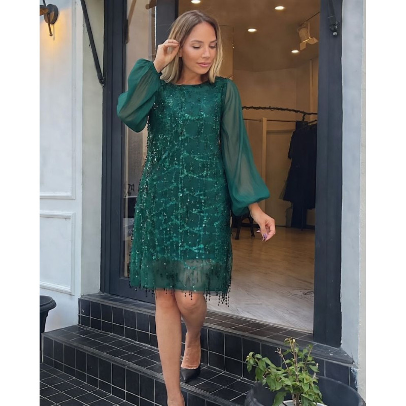 Rochie eleganta Almona, pentru evenimente, culoare verde, cu maneca lunga transparenta