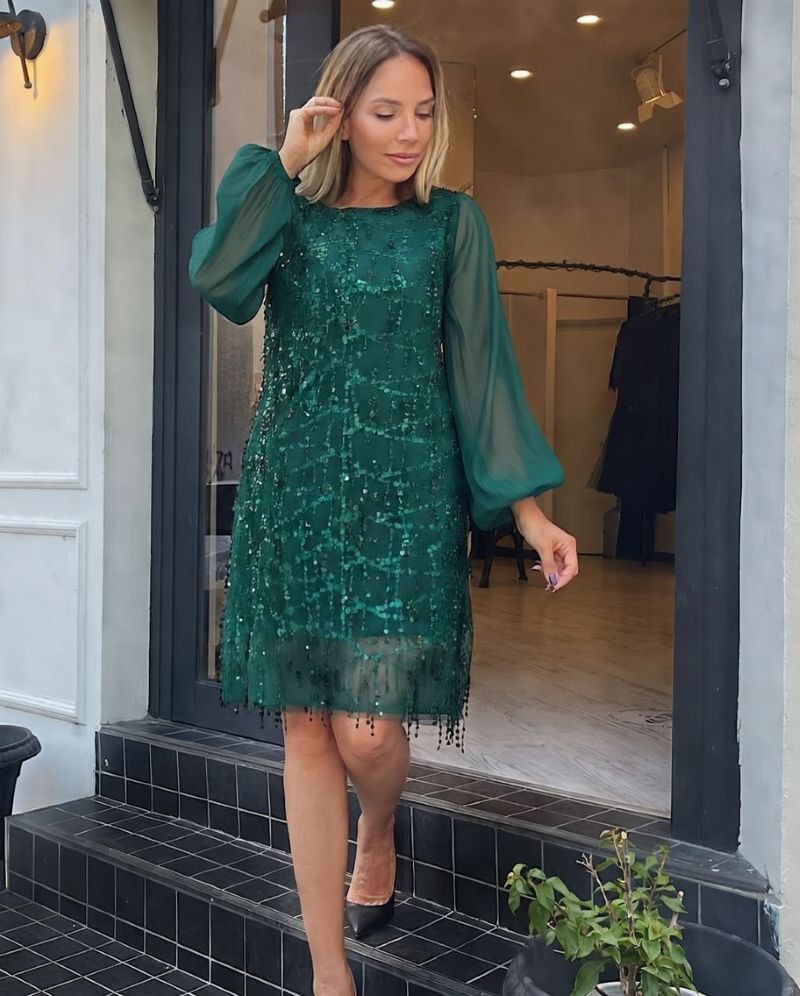 Rochie eleganta Almona, pentru evenimente, culoare verde, cu maneca lunga transparenta