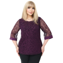 Bluză Elegantă din Tulle Brodat cu Motive Florale - Mov Imperial, cod 7030