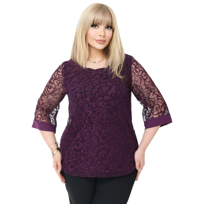 Bluză Elegantă din Tulle Brodat cu Motive Florale - Mov Imperial, cod 7030