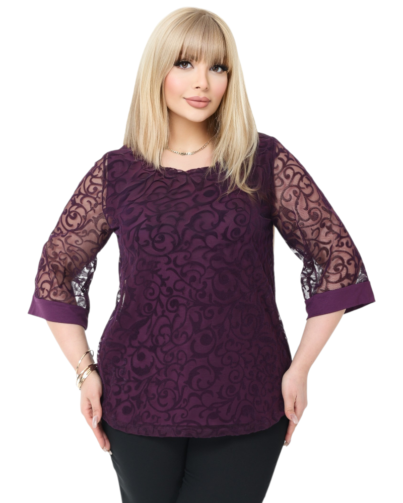 Bluză Elegantă din Tulle Brodat cu Motive Florale - Mov Imperial, cod 7030