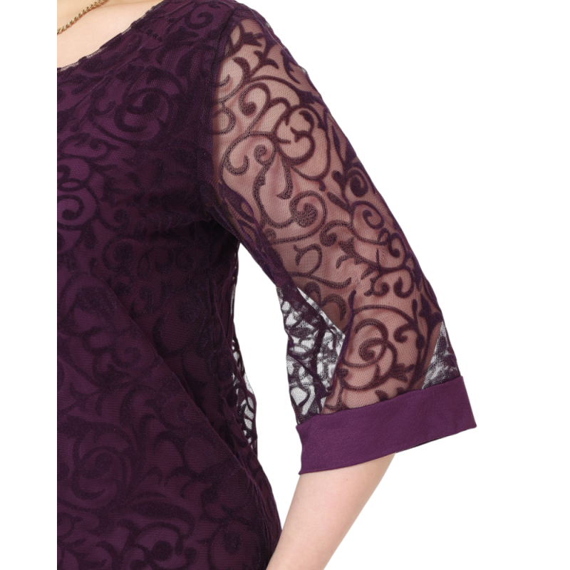 Bluză Elegantă din Tulle Brodat cu Motive Florale - Mov Imperial, cod 7030