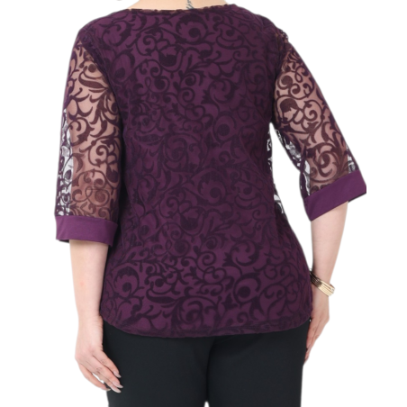 Bluză Elegantă din Tulle Brodat cu Motive Florale - Mov Imperial, cod 7030