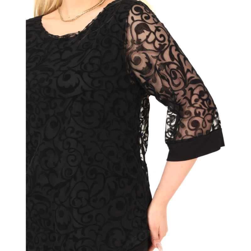 Bluză Elegantă din Tulle Brodat cu Motive Florale - culoare negru, cod 7030
