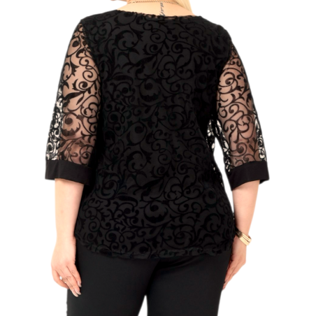 Bluză Elegantă din Tulle Brodat cu Motive Florale - culoare negru, cod 7030