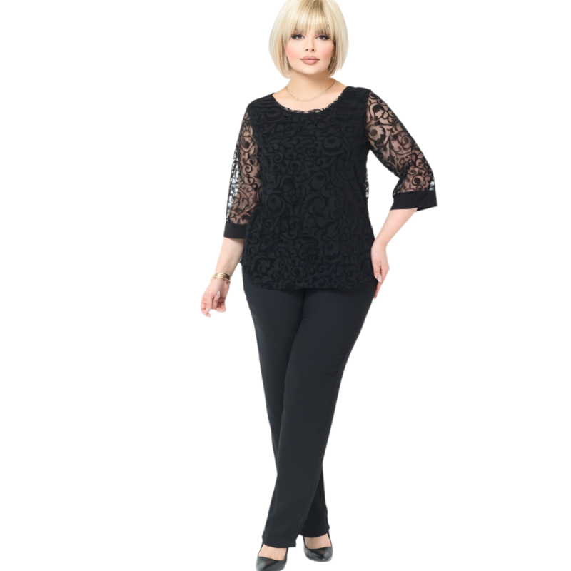 Bluză Elegantă din Tulle Brodat cu Motive Florale - culoare negru, cod 7030