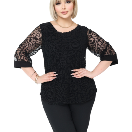 Bluză Elegantă din Tulle Brodat cu Motive Florale - culoare negru, cod 7030