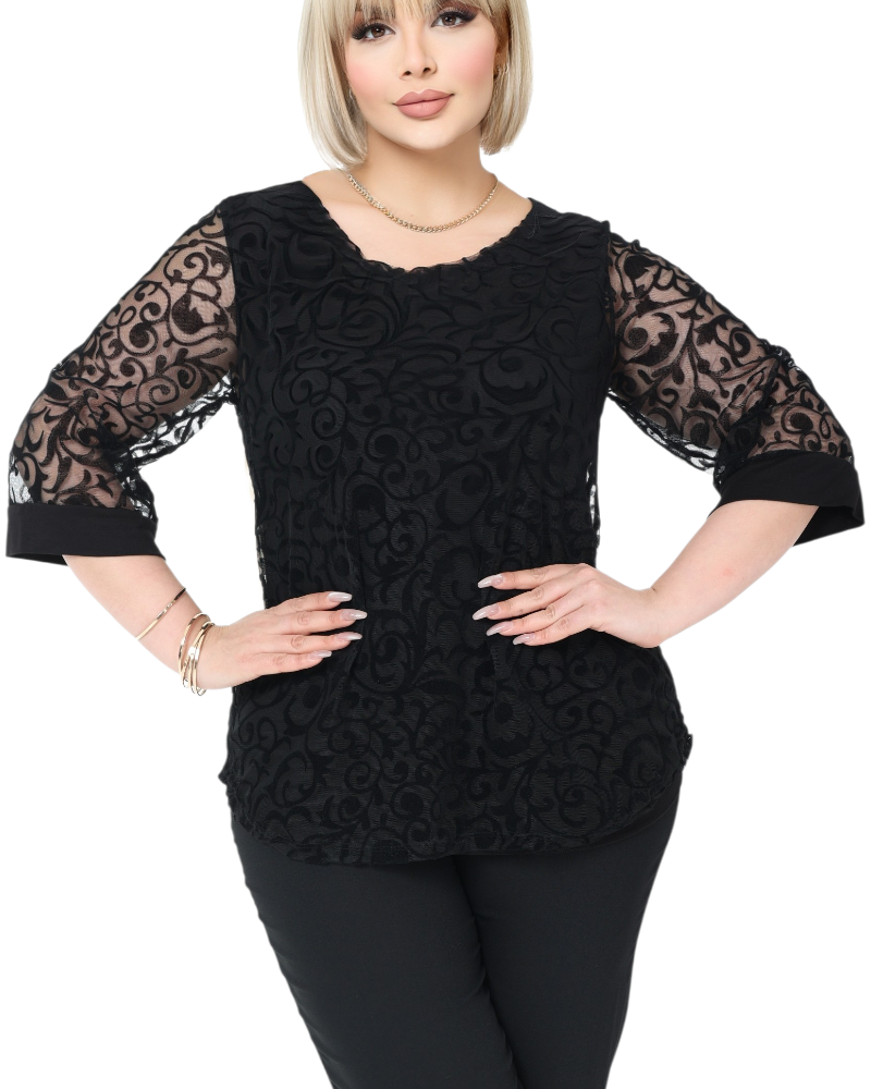 Bluză Elegantă din Tulle Brodat cu Motive Florale - culoare negru, cod 7030