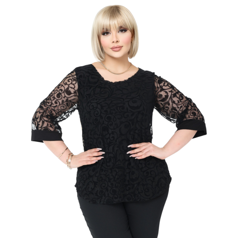Bluză Elegantă din Tulle Brodat cu Motive Florale - culoare negru, cod 7030