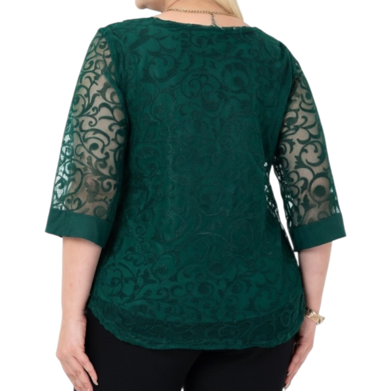 Bluza Eleganta din Tulle Brodat cu Motive Florale - verde imperial, cod 7030