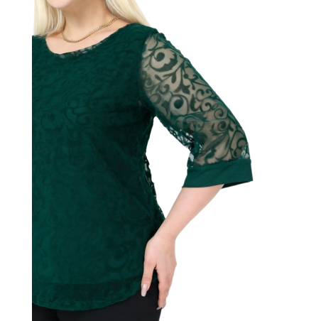 Bluza Eleganta din Tulle Brodat cu Motive Florale - verde imperial, cod 7030