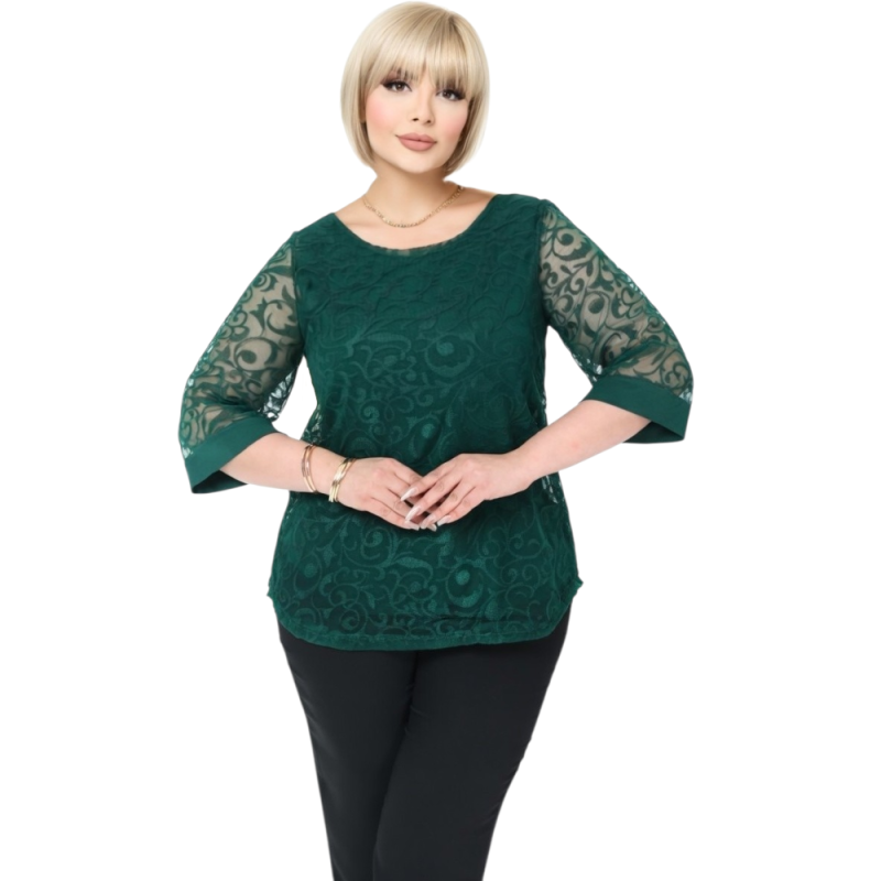 Bluza Eleganta din Tulle Brodat cu Motive Florale - verde imperial, cod 7030