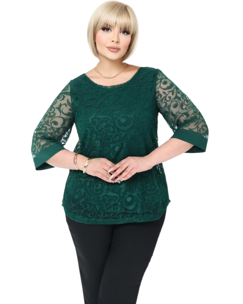Bluza Eleganta din Tulle Brodat cu Motive Florale - verde imperial, cod 7030