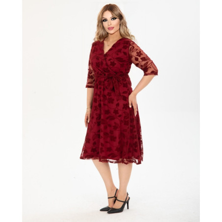 Rochie Alma, eleganta, cu broderie catifelata, culoare bordo, cu decolteu in V