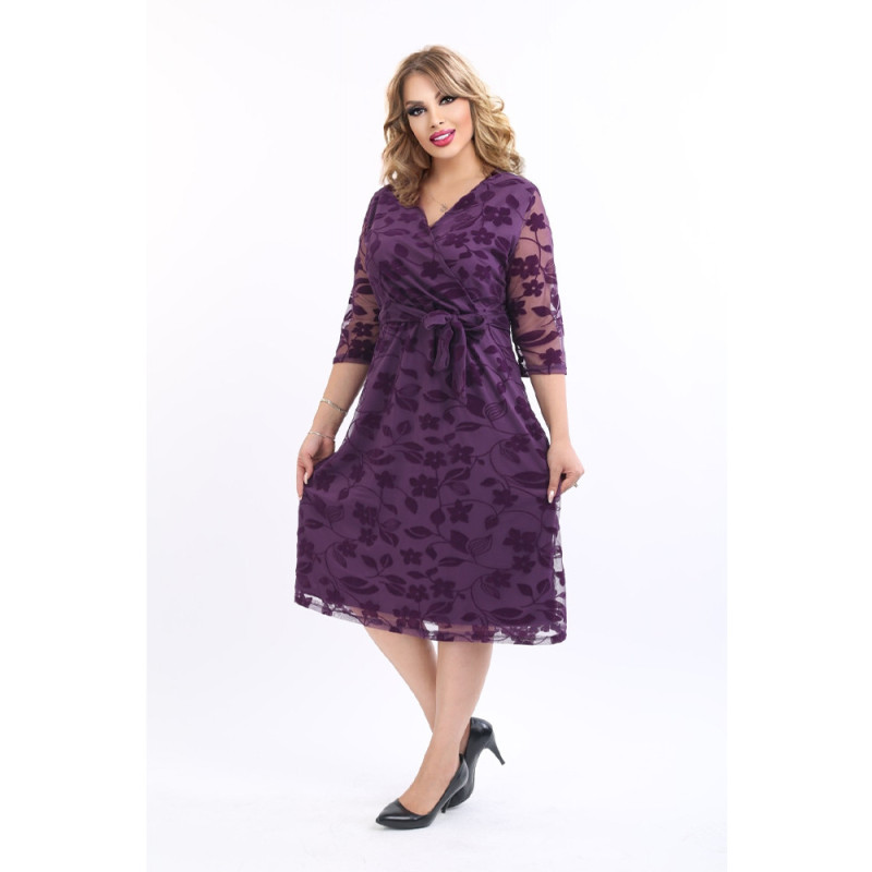 Rochie Alma, eleganta, cu broderie catifelata, culoare mov, cu decolteu in V
