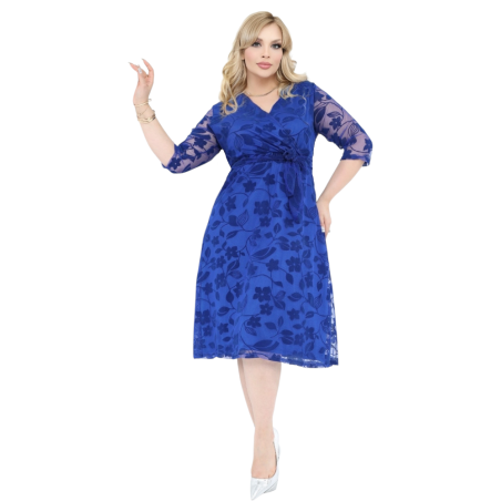 Rochie Alma, eleganta, cu broderie catifelata, Albastru regal cu decolteu in V