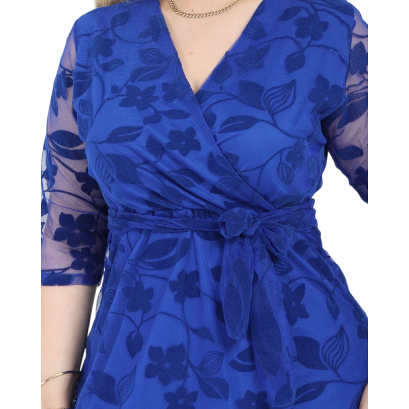 Rochie Alma, eleganta, cu broderie catifelata, Albastru regal cu decolteu in V