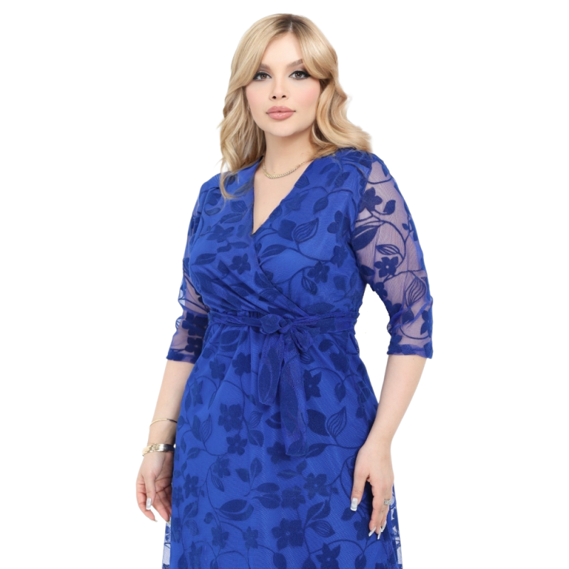 Rochie Alma, eleganta, cu broderie catifelata, Albastru regal cu decolteu in V