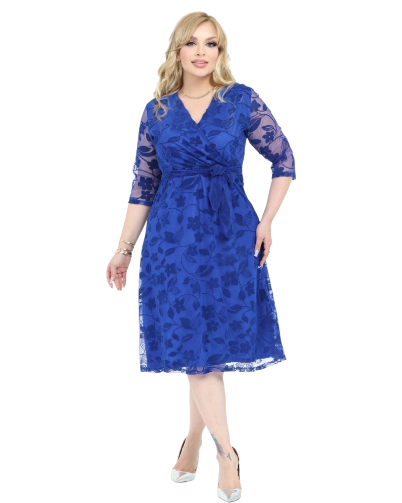 Rochie Alma, eleganta, cu broderie catifelata, Albastru regal cu decolteu in V