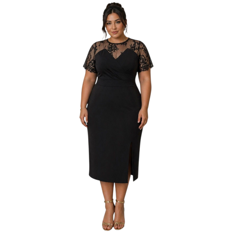 Rochie Casia, Eleganta, Neagra, cu Detalii din Dantela și Șliț Lateral