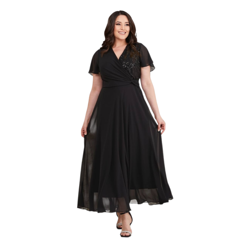 Rochie Ocazie, Raisa, culoare neagru, Bust Paietat și Fustă din Voal Vaporos