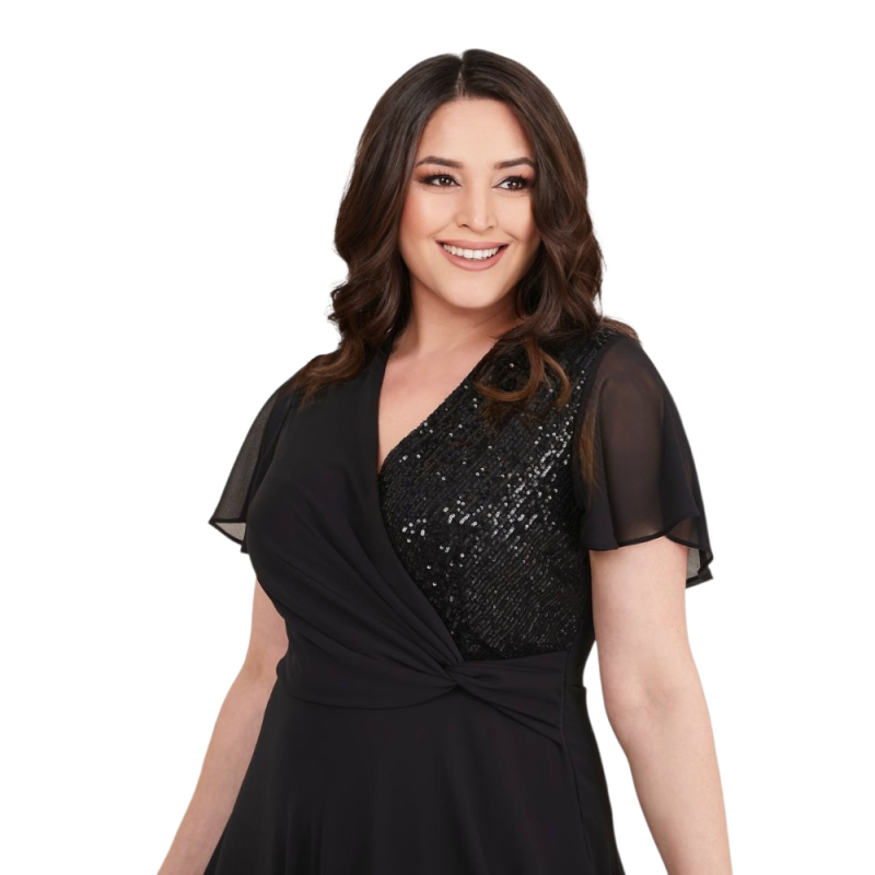 Rochie Ocazie, Raisa, culoare neagru, Bust Paietat și Fustă din Voal Vaporos