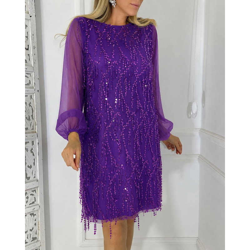 Rochie eleganta Almona, pentru evenimente, culoare mov, cu maneca lunga transparenta