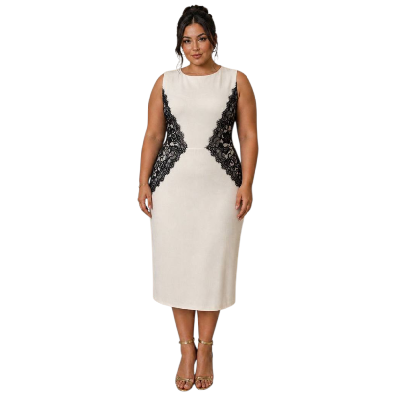Rochie midi, Adriana, Croială Cambrată, cu aplicatii din dantela, Efect Modelator, plus size