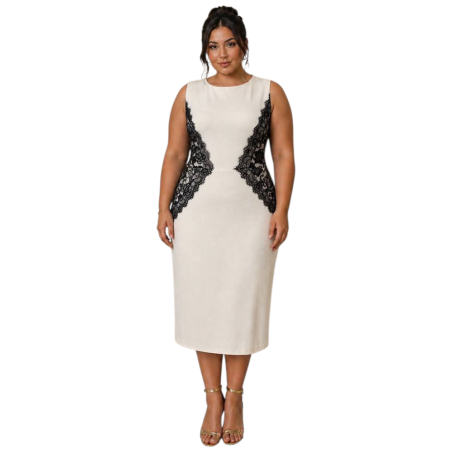 Rochie midi, Adriana, Croială Cambrată, cu aplicatii din dantela, Efect Modelator, plus size